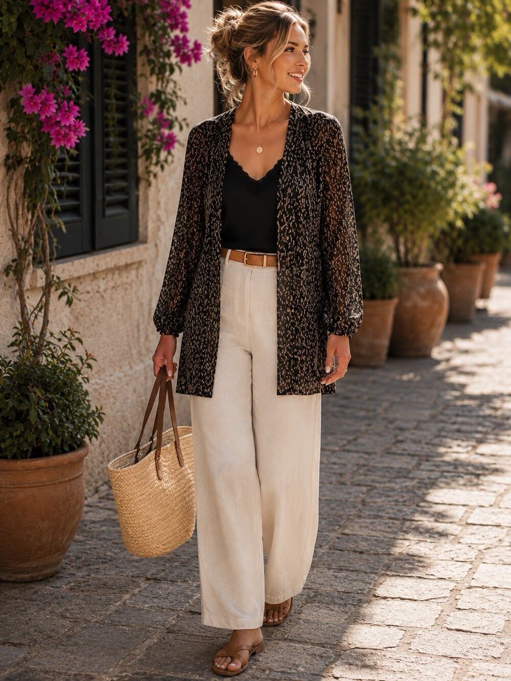 Chico’s Travelers Collection Black Gold Animal Print Duster Cardigan Size 2 NWT
